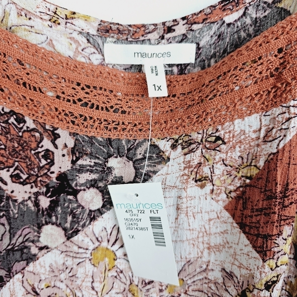 Maurices Crochet Trim Patchwork Babydoll Blouse NWT, size 1X - Picture 6 of 9
